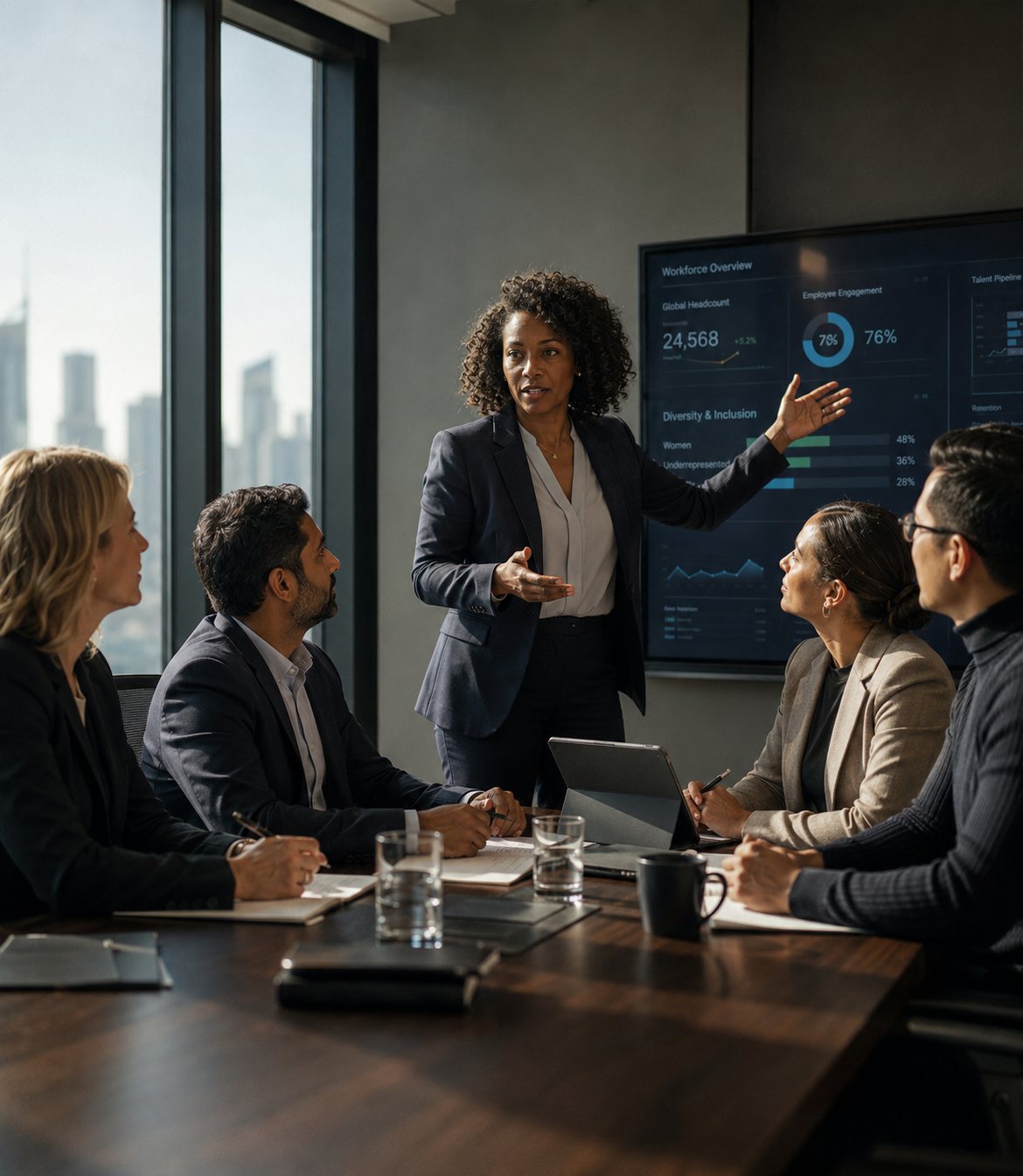 A human-capital director presenting workforce data to four colleagues around a boardroom table